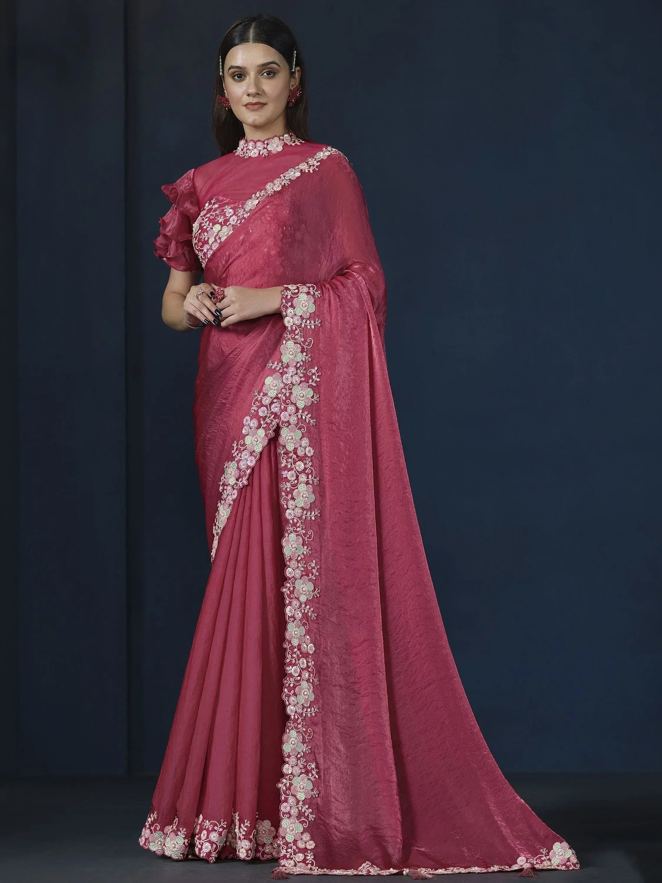 Elegant maroon saree with floral embroidery, perfect for Indian ethnic wear and festive occasions.