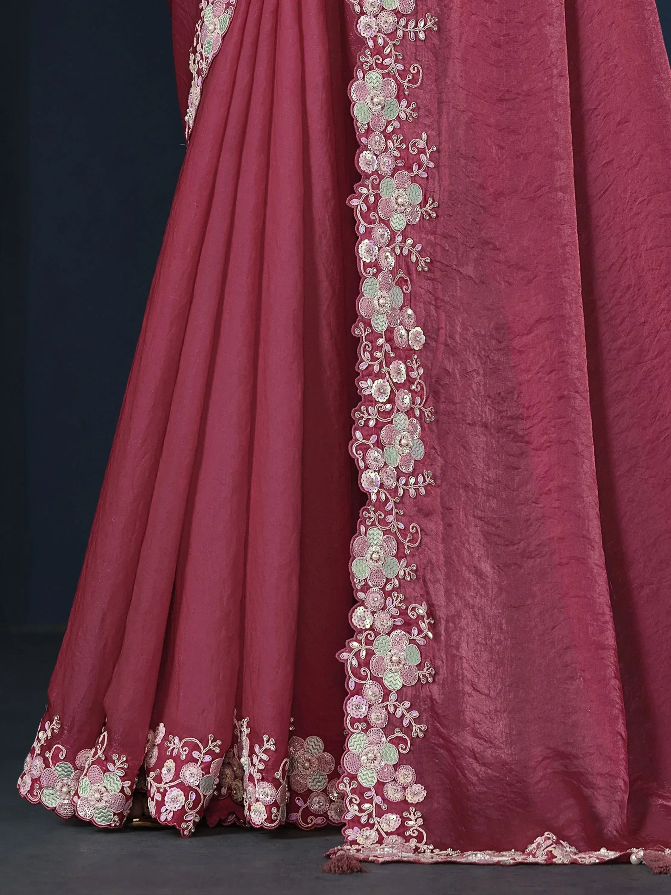 Maroon ethnic gown with floral embroidery and sequin detailing for Indian occasions