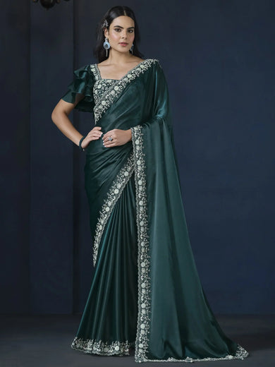 Gorgeous Teal Green Sequins Satin Silk Event Wear Saree With Blouse