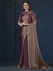 Stunning Purple Embroidered Satin Silk Party Wear Saree With Blouse