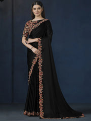 Amazing Black Heavy Embroidery Satin Silk Event Wear Saree With Blouse