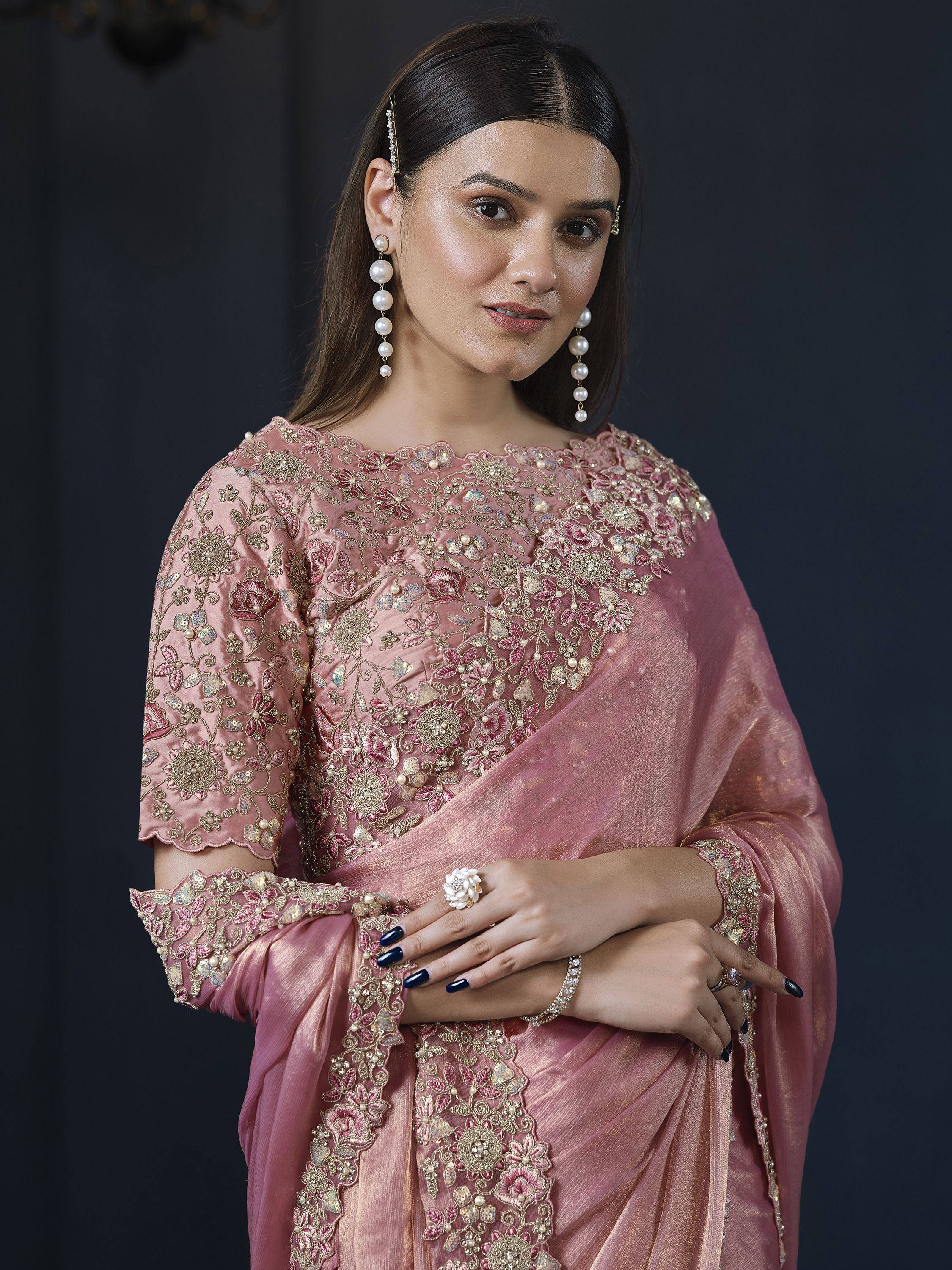 Ravishing Peach Heavy Embroidery Work Chiffon Reception Wear Saree