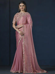 Ravishing Peach Heavy Embroidery Work Chiffon Reception Wear Saree