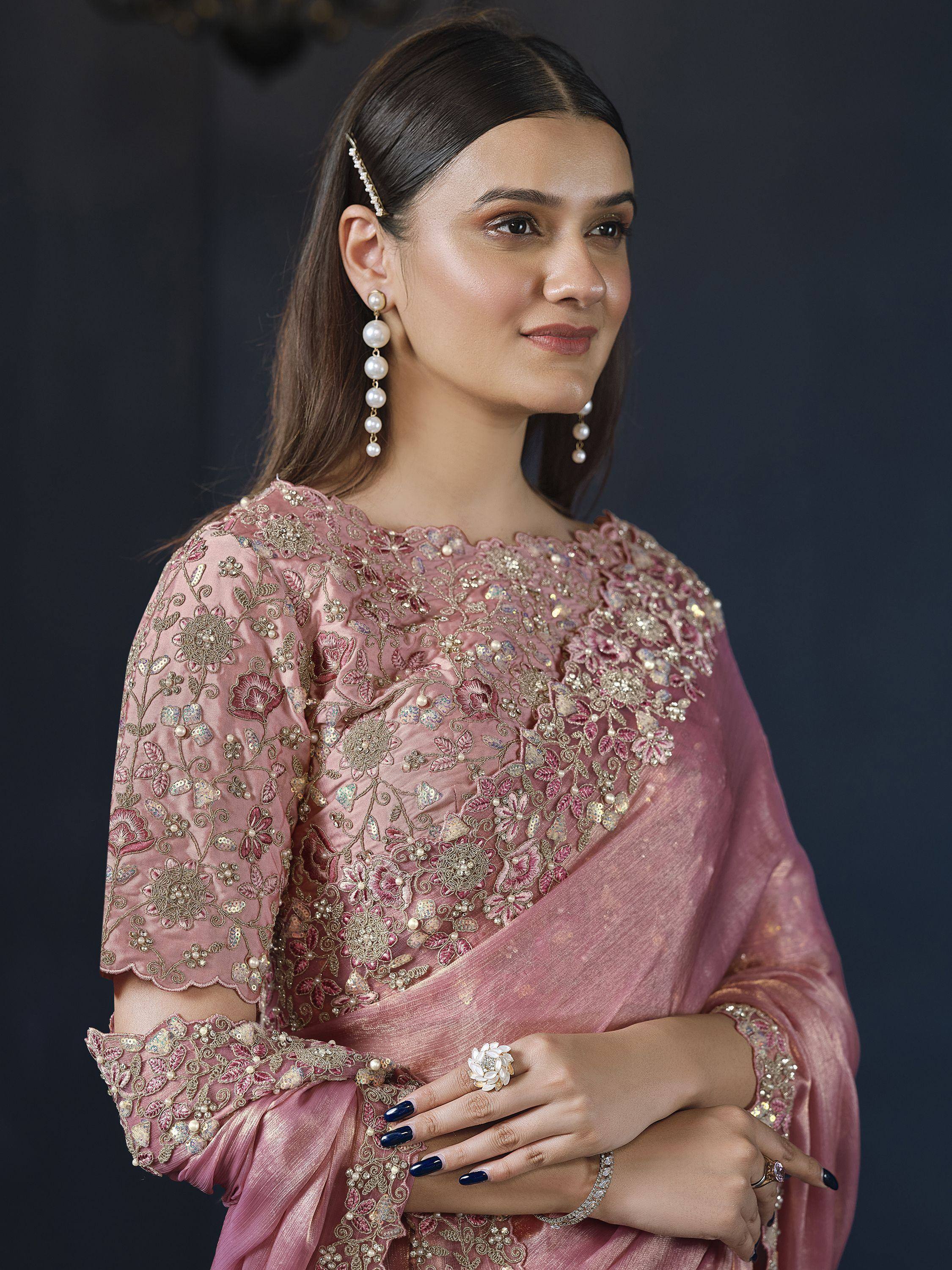 Ravishing Peach Heavy Embroidery Work Chiffon Reception Wear Saree