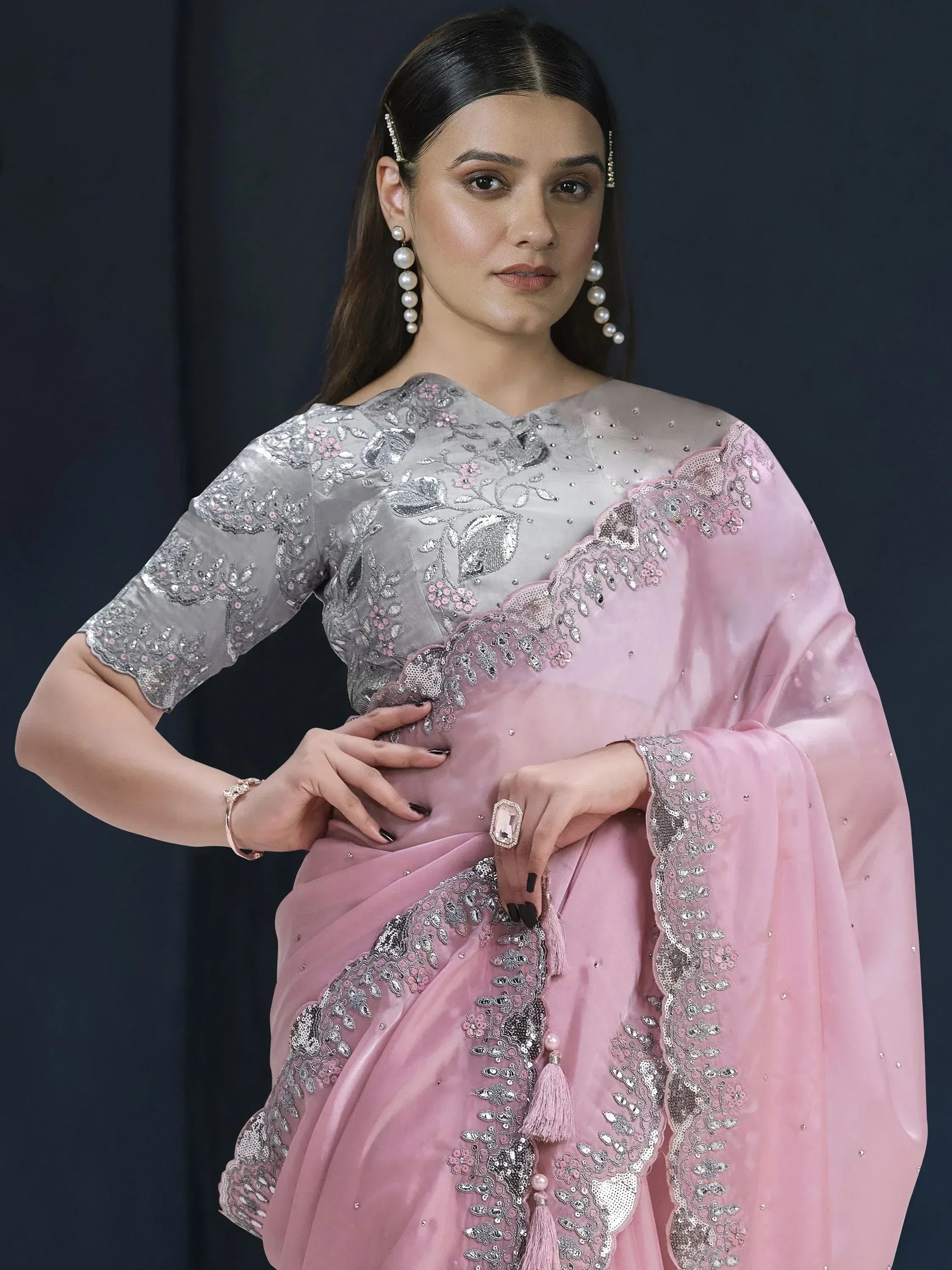 Pink and silver embroidered saree with floral sequin work, perfect for Indian ethnic occasions