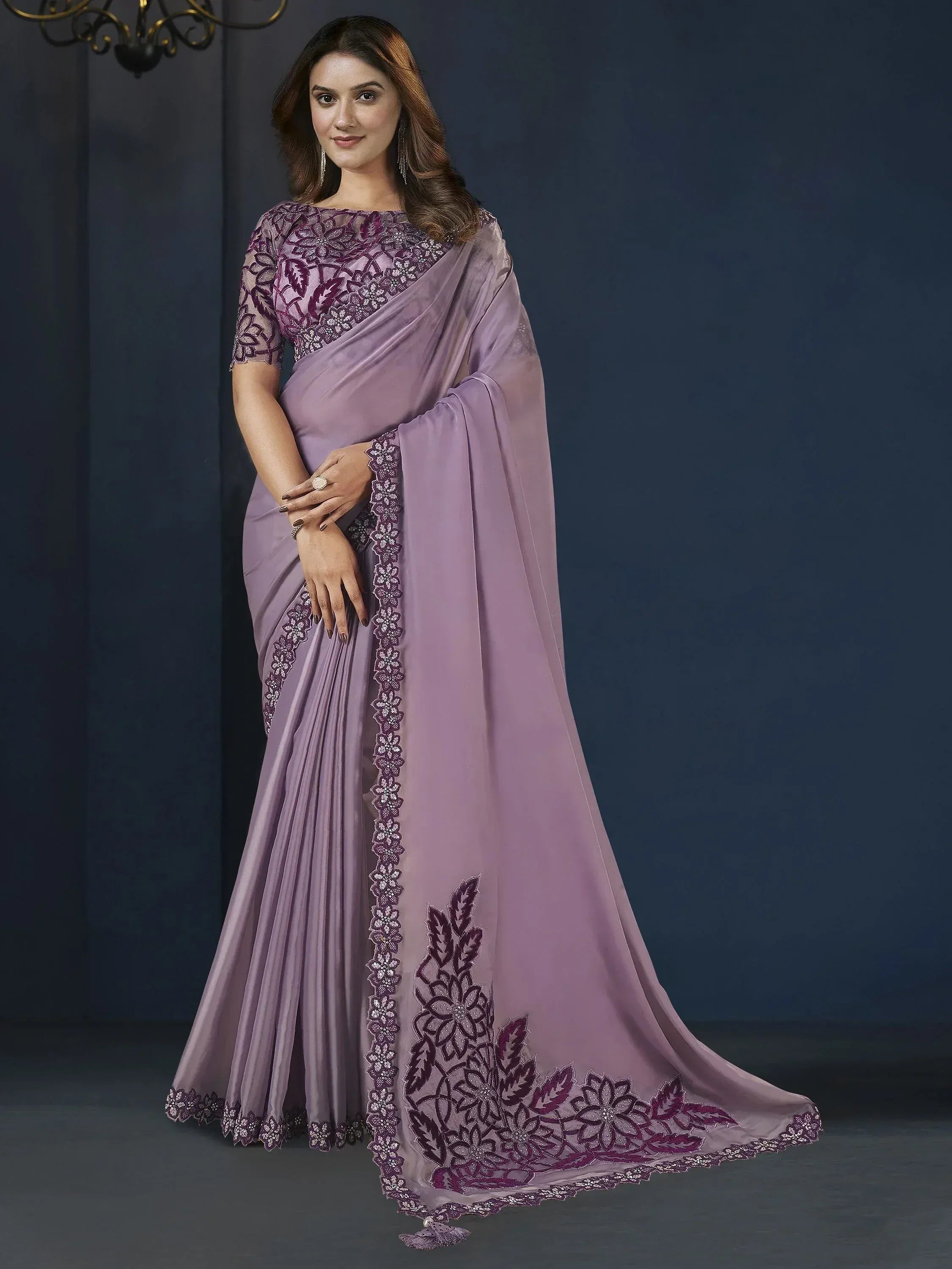 Lavender saree with floral embroidery and sequin work, perfect for Indian ethnic occasions