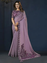 Superb Lilac Color Heavy Border Work Satin Silk Function Wear Saree