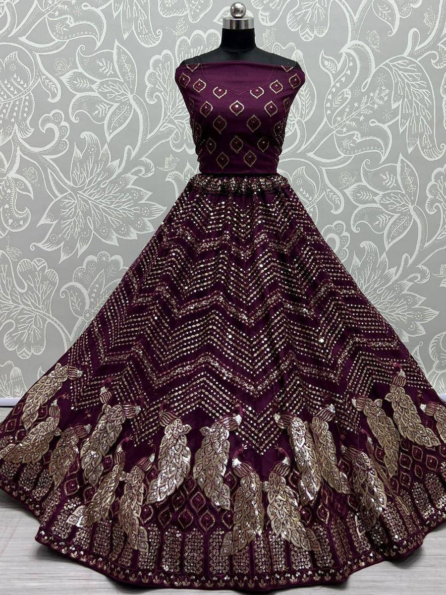 Purple designer lehenga choli with gold sequin chevron and peacock motifs, ethnic wear for weddings