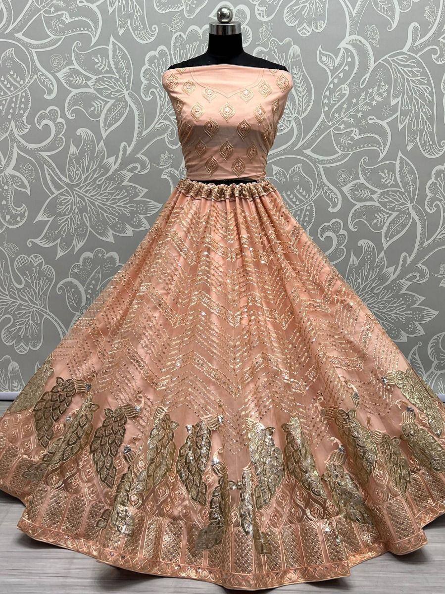 Pink designer lehenga choli with gold peacock embroidery and sequin work, ethnic wear for women