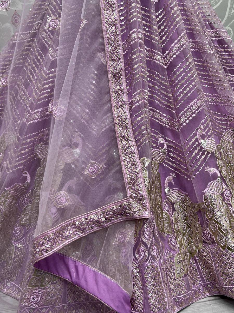Purple designer lehenga with peacock embroidery and sequin work, perfect for Indian ethnic wear