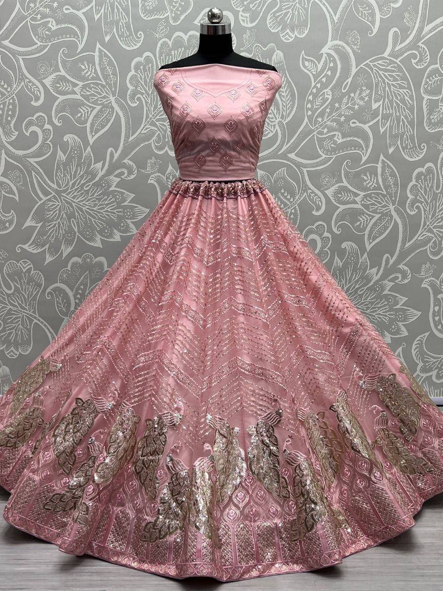 Pink designer lehenga with peacock embroidery and sequin work, perfect for Indian ethnic occasions