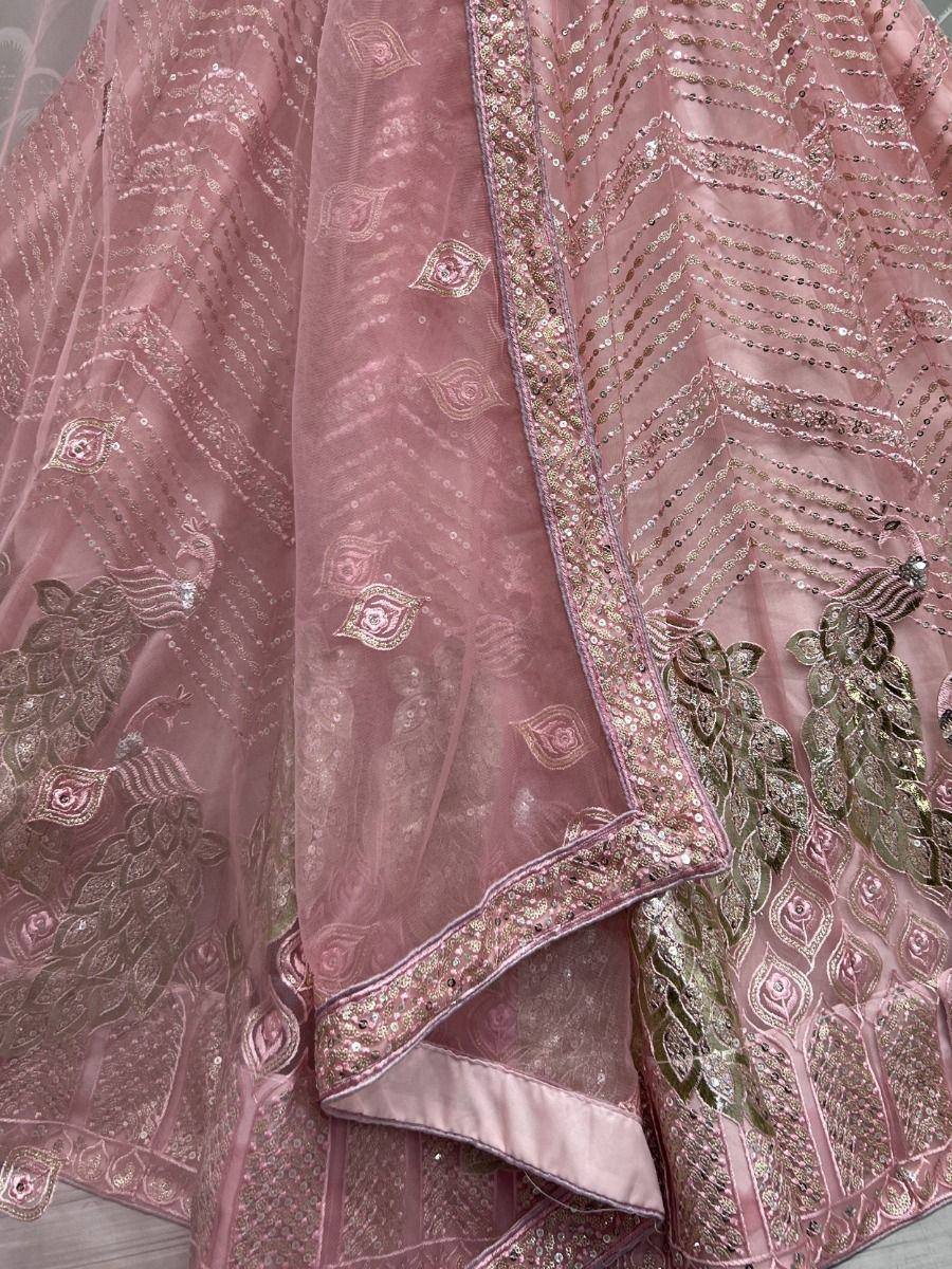 Pink designer lehenga with peacock embroidery and sequin detailing for Indian ethnic wear