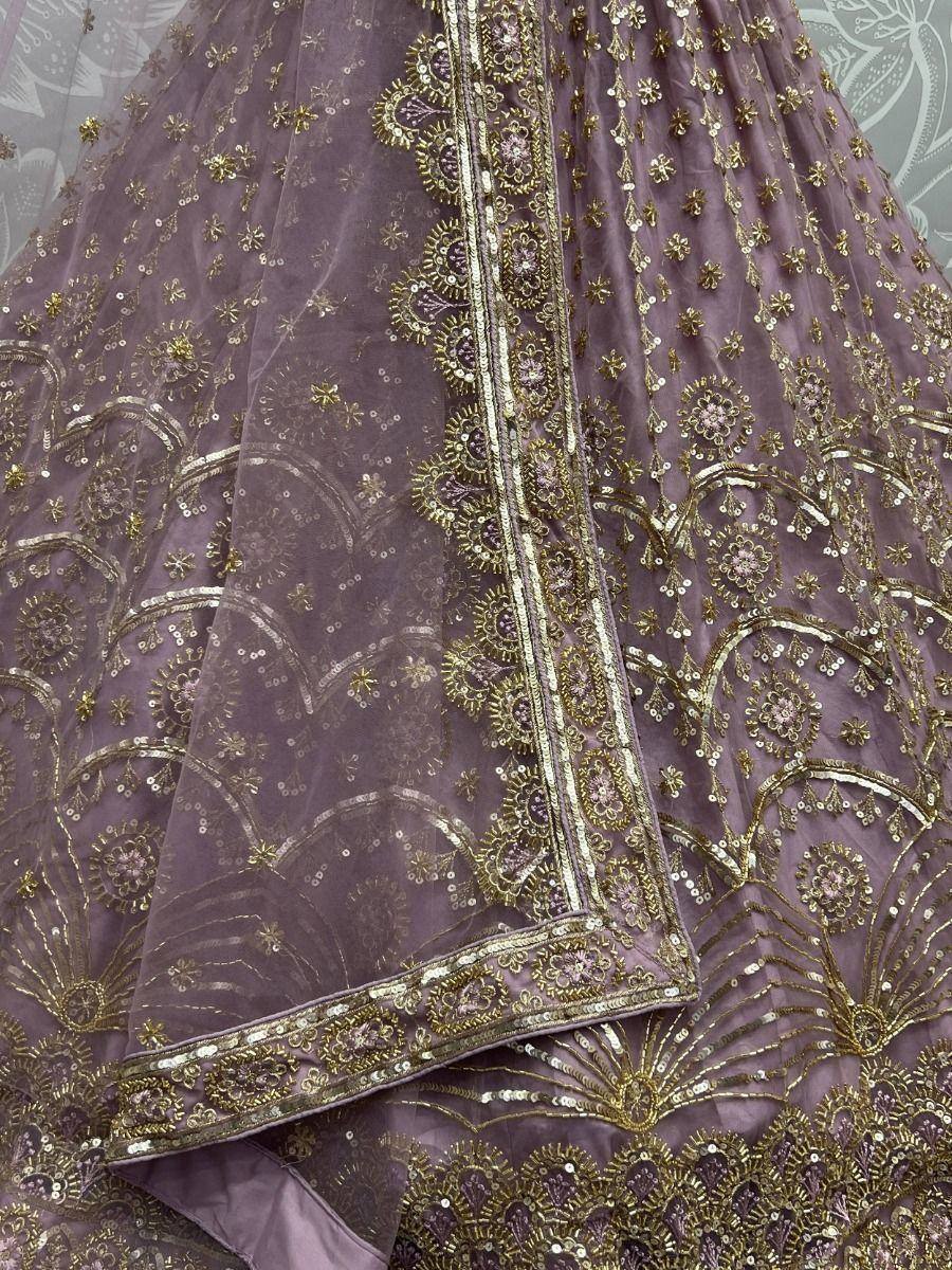 Purple designer lehenga with gold embroidery and sequin work, ethnic Indian wedding wear