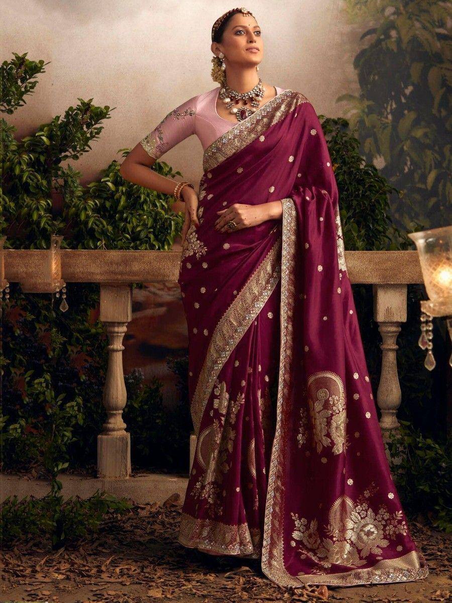 Elegant maroon saree with gold embroidery, perfect for Indian ethnic wear and festive occasions