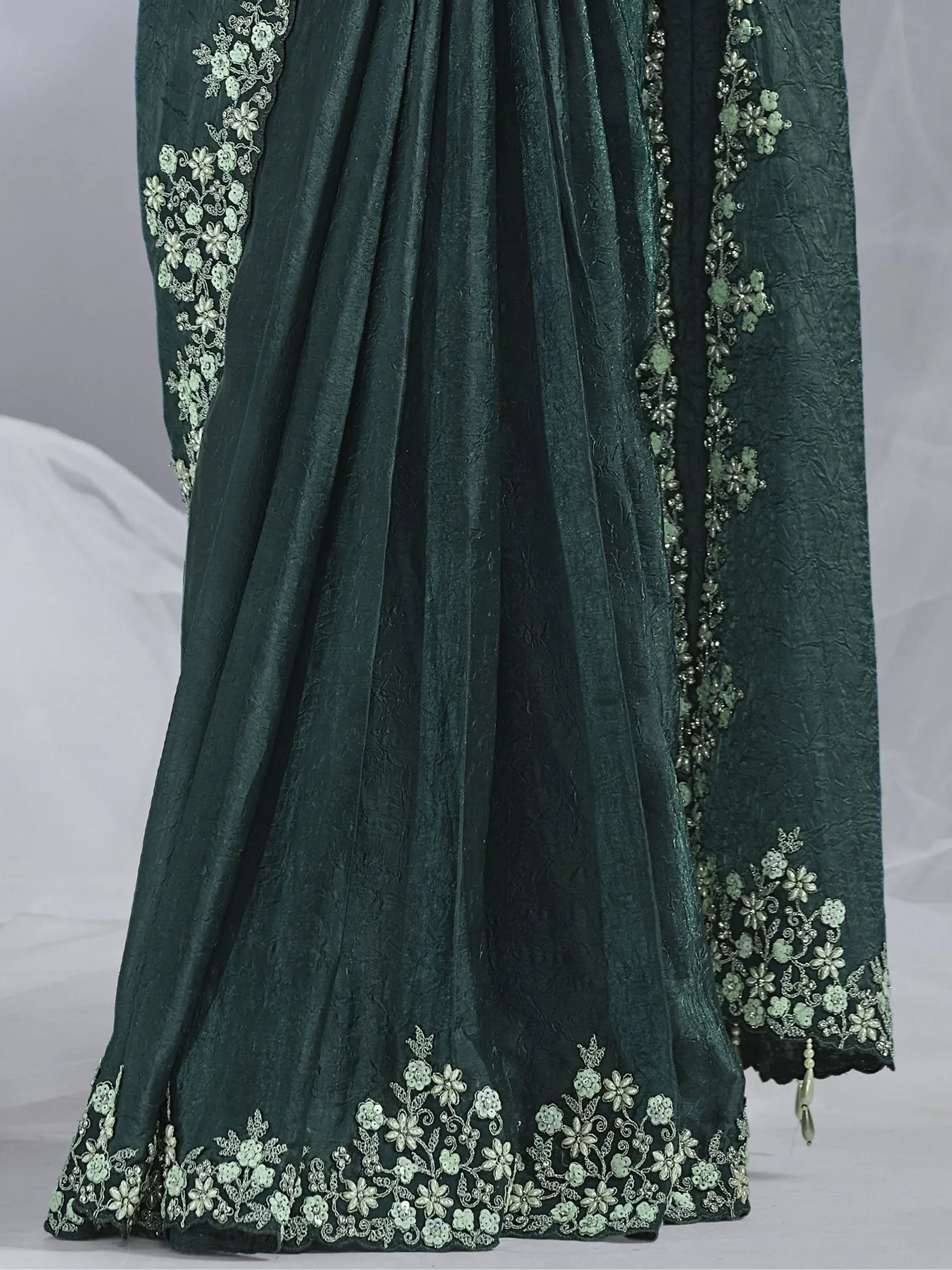 Awesome Green Sequins Satin Ready To Wear Saree With Blouse