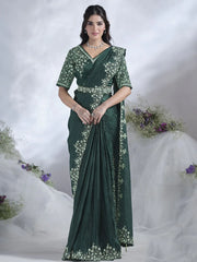 Awesome Green Sequins Satin Ready To Wear Saree With Blouse