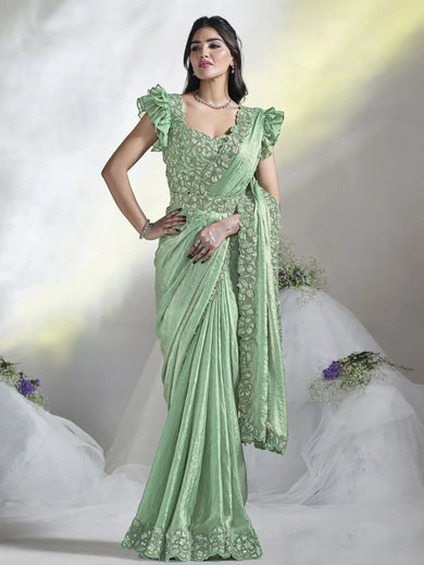 Astonishing Light Green Sequins Satin Ready To Wear Saree With Blouse