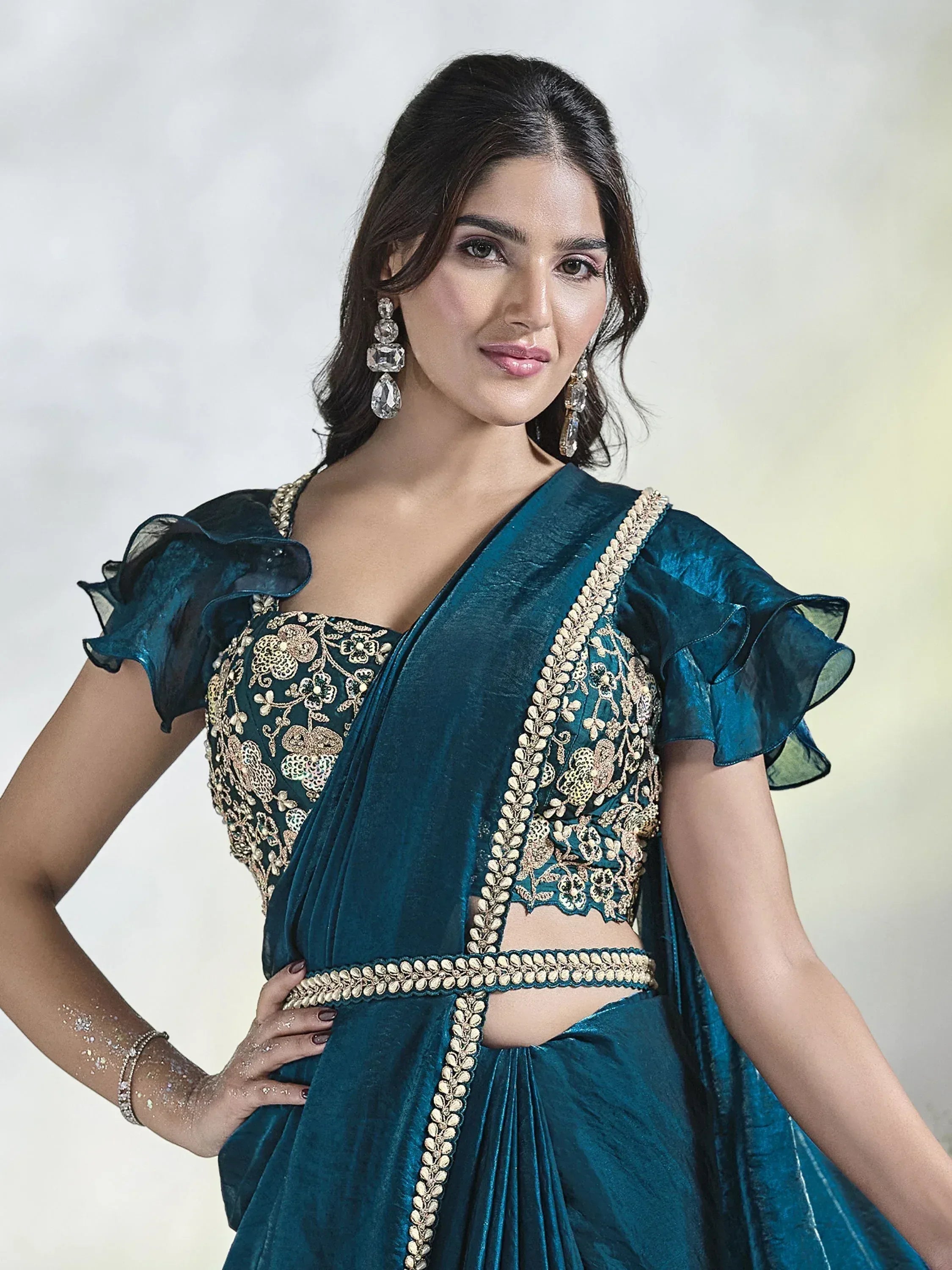 Teal velvet lehenga choli with gold embroidery and ruffle sleeves, Indian ethnic wear