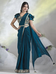 Charming Teal Blue Moti Work Satin Ready To Wear Saree With Blouse