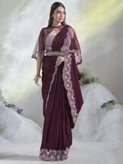 Magnetic Wine Color Mirror Work Satin Ready To Wear Saree With Blouse