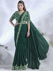 Beautiful Green Mirror Work Satin Ready To Wear Saree With Blouse
