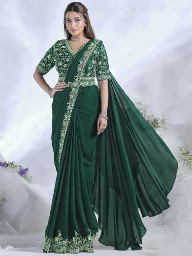 Beautiful Green Mirror Work Satin Ready To Wear Saree With Blouse