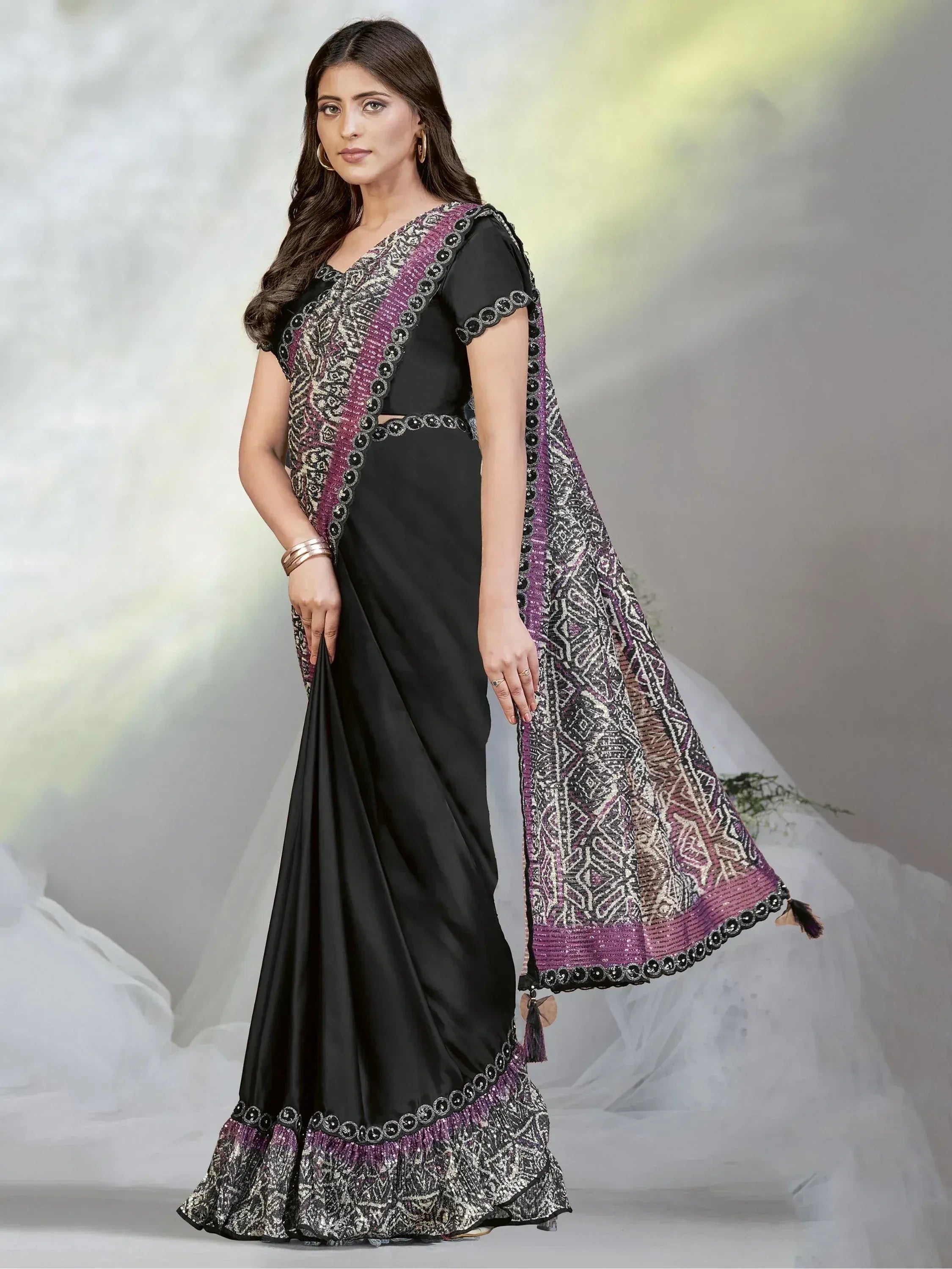 Black saree with purple and silver embroidered border, designer ethnic wear for women
