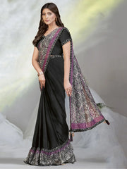 Attractive Black Sequins Work Satin Ready To Wear Saree With Blouse