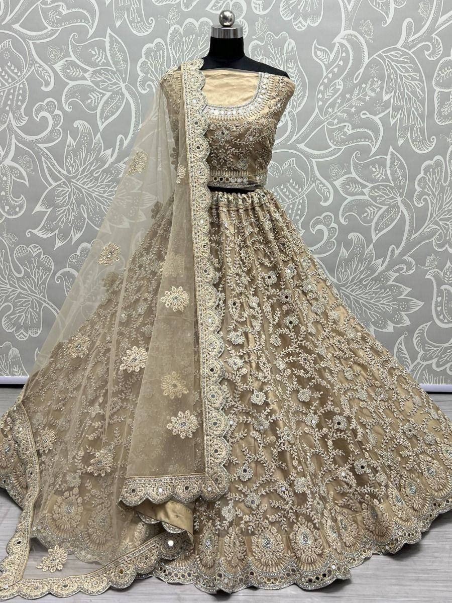 Beige designer lehenga choli with heavy embroidery and dupatta, ethnic Indian wedding wear