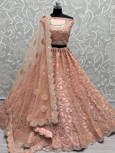 Alluring Peach Dori Embroidery Net Wedding Wear Lehenga Choli