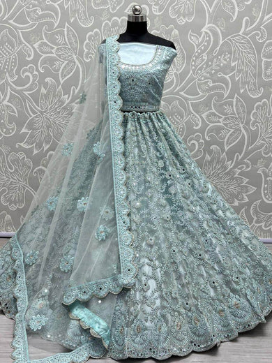 Seductive Ice-Blue Dori Embroidery Net Wedding Wear Lehenga Choli