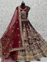 Scrumptious Maroon Zari Embroidery Velvet Bridal Lehenga Choli