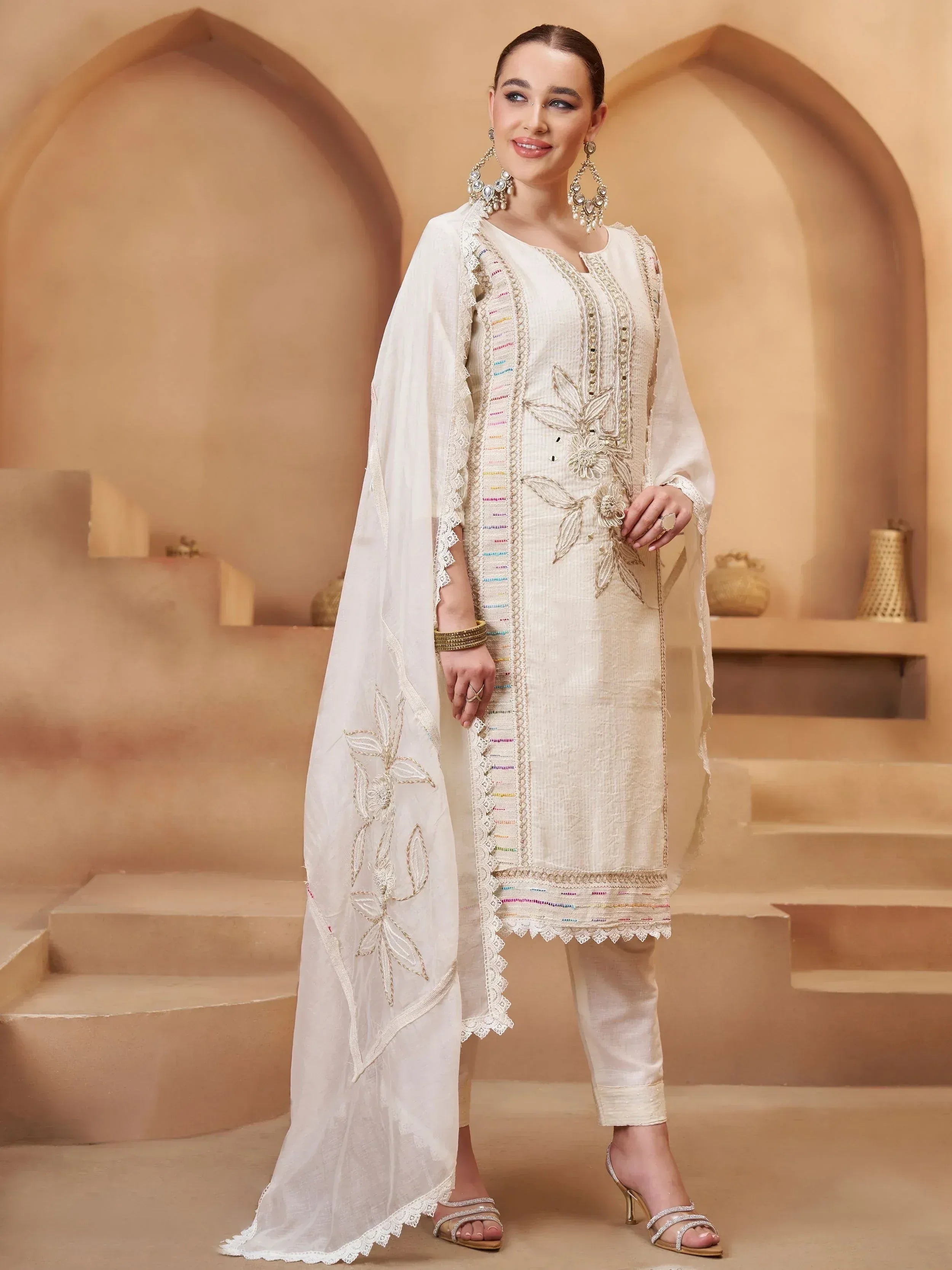 Elegant white embroidered salwar kameez with floral detailing and lace dupatta, perfect for ethnic occasions.