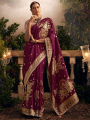 Alluring Wine Zari Weaving Dola Silk Traditional Saree With Blouse