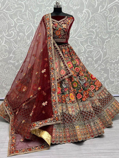 Glorious Maroon Embroidered Velvet Bridal Lehenga Choli