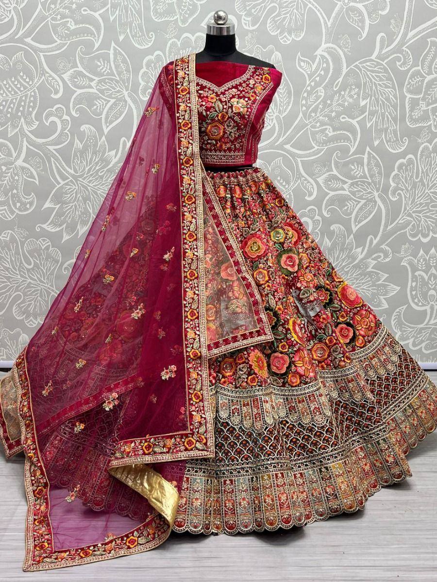 Red floral embroidered lehenga choli with dupatta, Indian ethnic wear for weddings and festivals