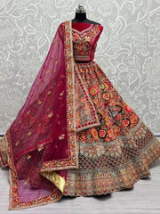 Majestic Pink Embroidered Velvet Bridal Lehenga Choli