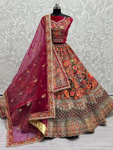 Majestic Pink Embroidered Velvet Bridal Lehenga Choli