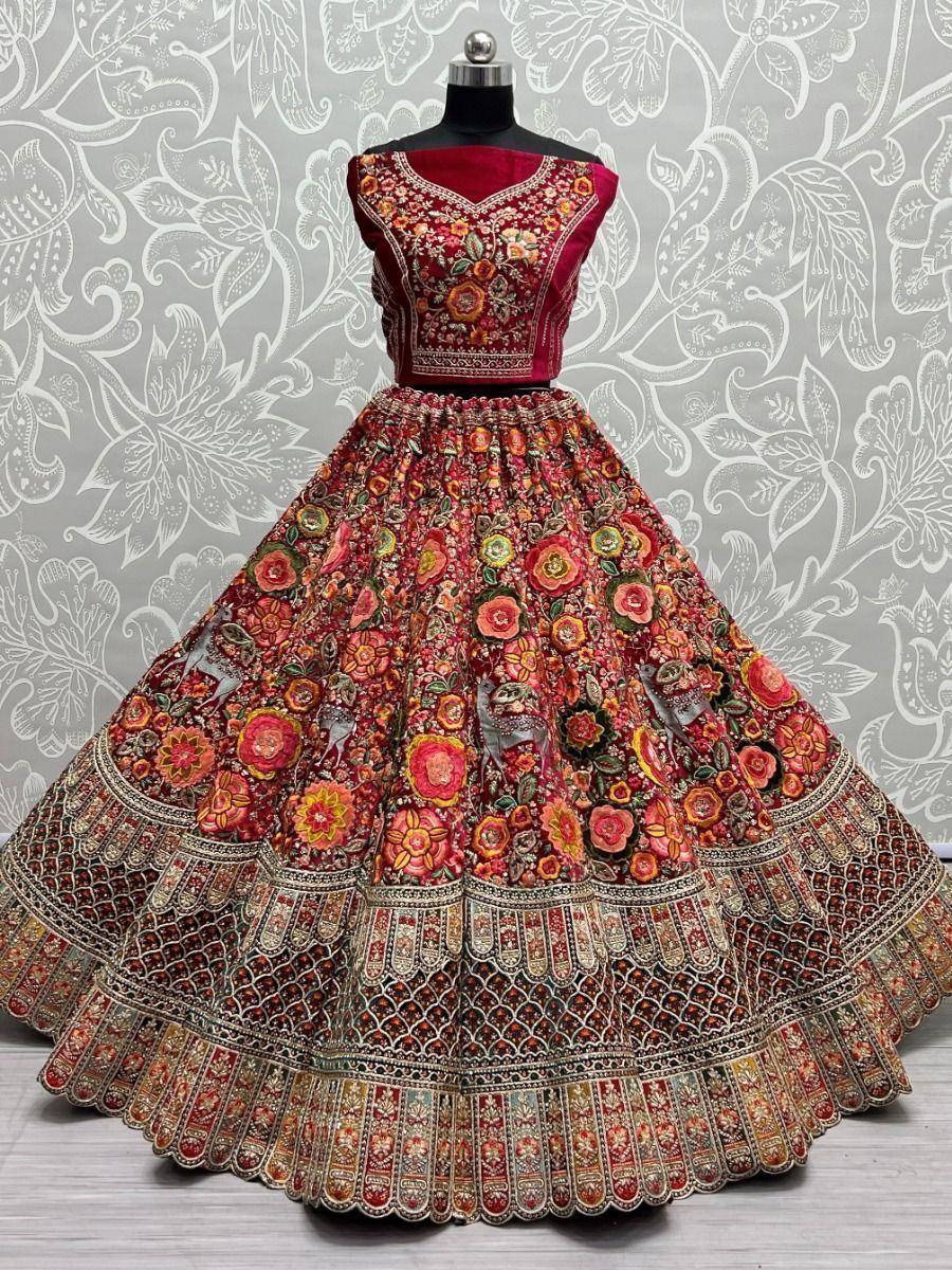 Red floral embroidered lehenga choli with heavy border, Indian ethnic wear for weddings