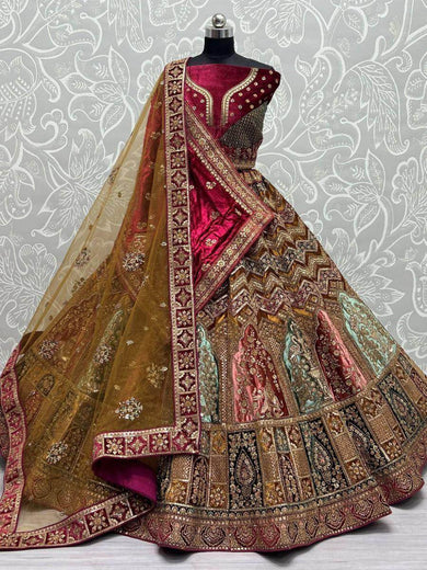 Ravishing Multi-Colored Embroidered Velvet Bridal Lehenga Choli