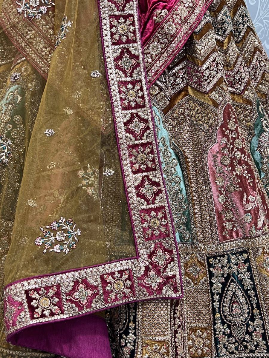 Ravishing Multi-Colored Embroidered Velvet Bridal Lehenga Choli
