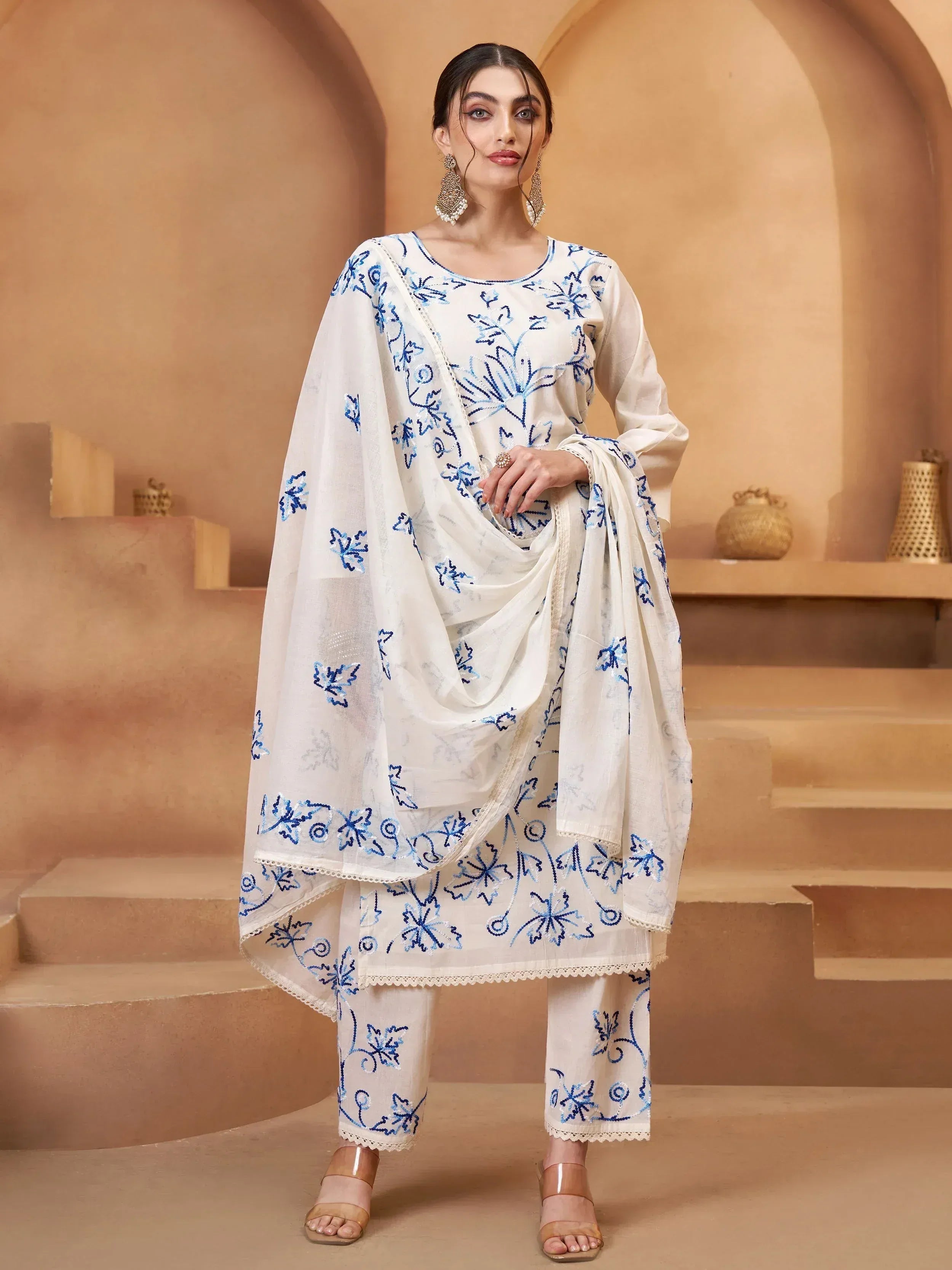 White salwar kameez with blue floral embroidery, stylish ethnic wear for women