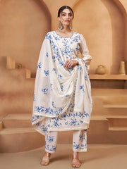 Mesmerizing Off White Cotton Embroidered Festival Wear Pant Suit