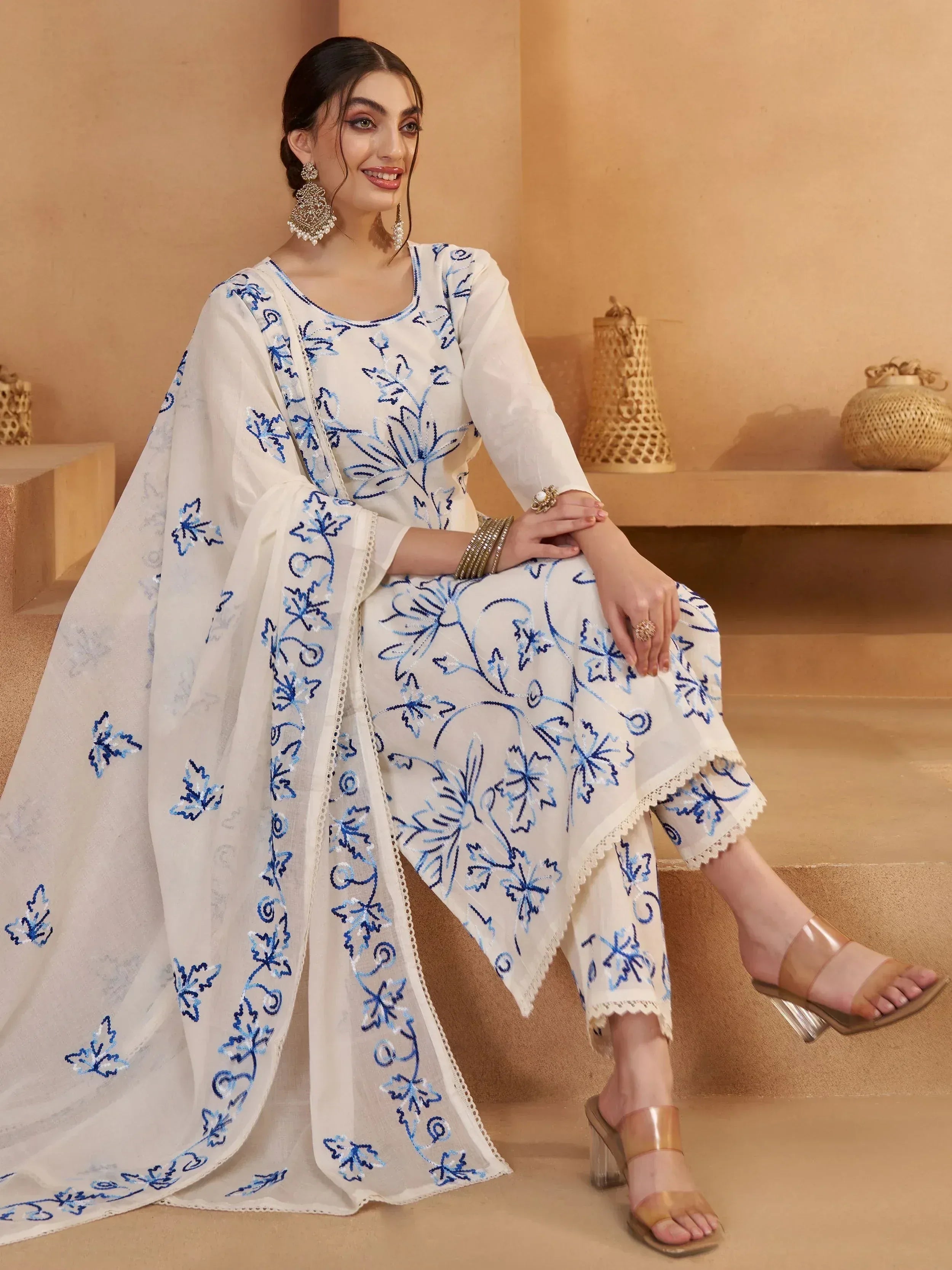 White salwar kameez with blue floral embroidery, stylish ethnic wear for women