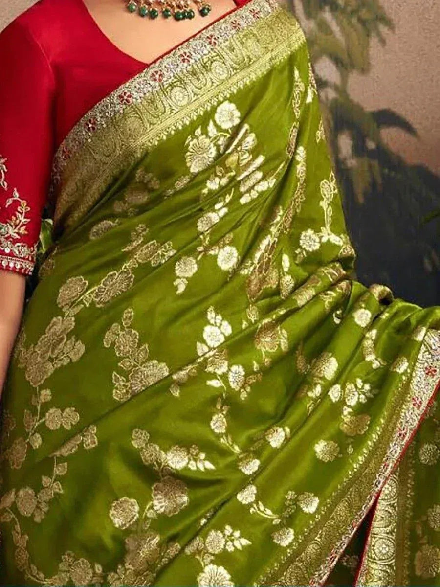 Green floral embroidered saree with red blouse, ethnic Indian wear for women