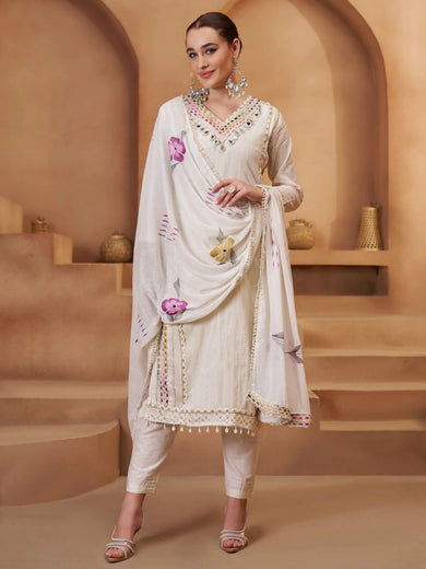 Precious Off White Mirror Work Cotton Straight Suit With Dupatta