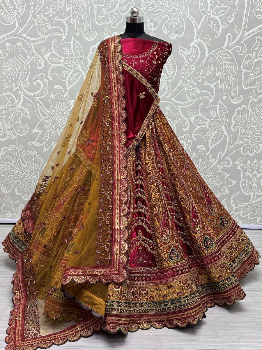 Maroon and gold embroidered lehenga choli with sheer dupatta, Indian ethnic wear for weddings