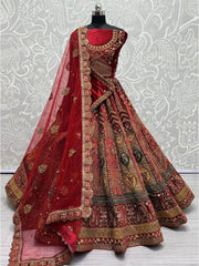 Spectacular Red Heavy Embroidered Velvet Bridal Lehenga Choli