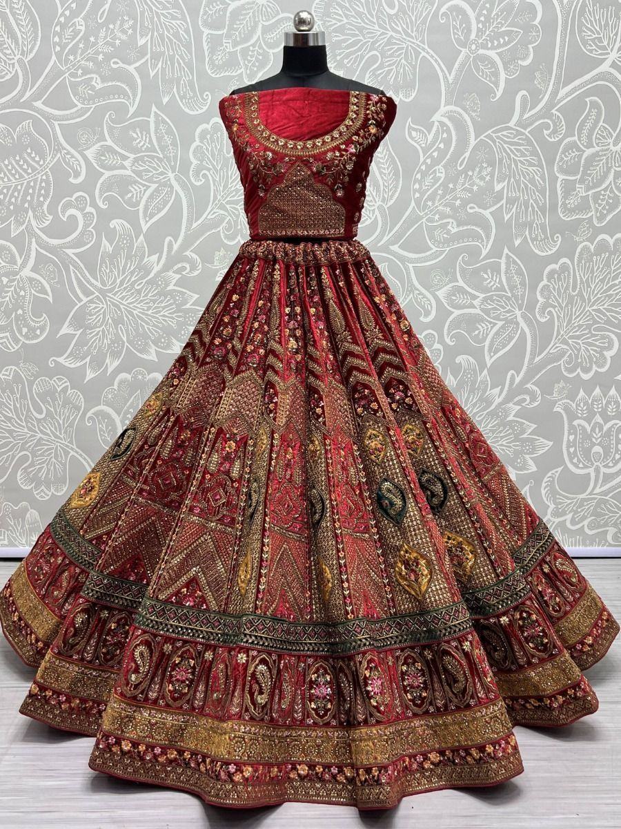Spectacular Red Heavy Embroidered Velvet Bridal Lehenga Choli