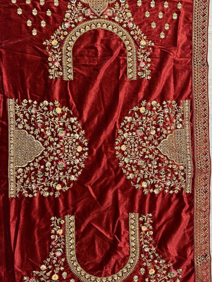 Spectacular Red Heavy Embroidered Velvet Bridal Lehenga Choli